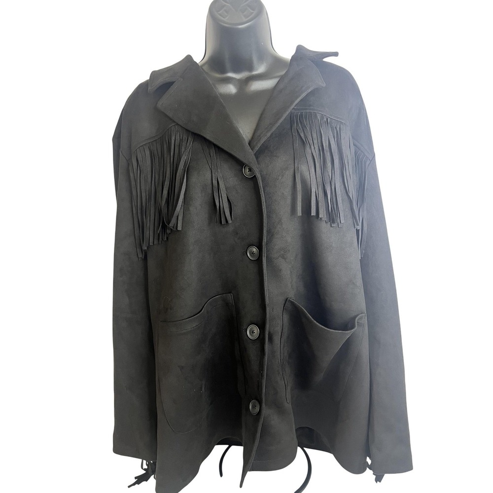 Universal Thread Jacket Womens XL Black Faux Suede Fringe Western Boho Button Up
